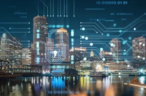 An image of the Boston Harbor at night with an overlayed pattern of data points and a digital padlock